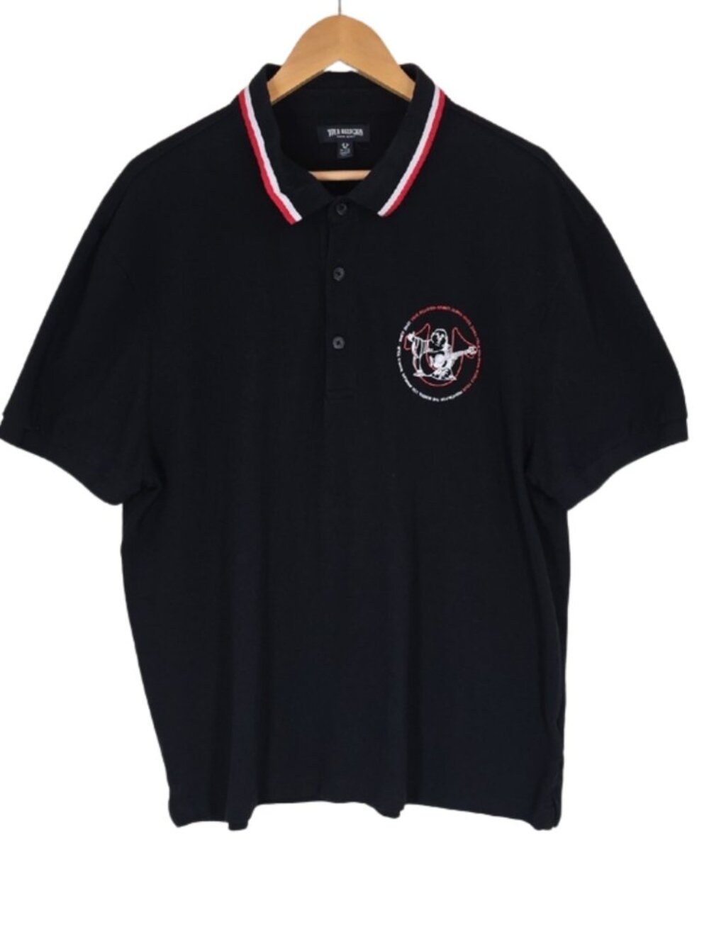 True Religion Buddha Guitar Graphic Polo Shirt XL Black World Tour Since 2002